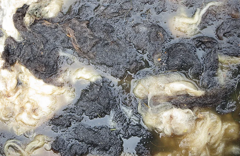Lanolin wird gewonnen, indem die Wolle in heißem Wasser mit einem speziellen Wollwaschmittel gewaschen wird, um Schmutz, Wollfett (rohes Lanolin), Schweißsalze und alles andere, was an der Wolle haftet, zu entfernen. Das Wachs wird dann entweder durch Zent