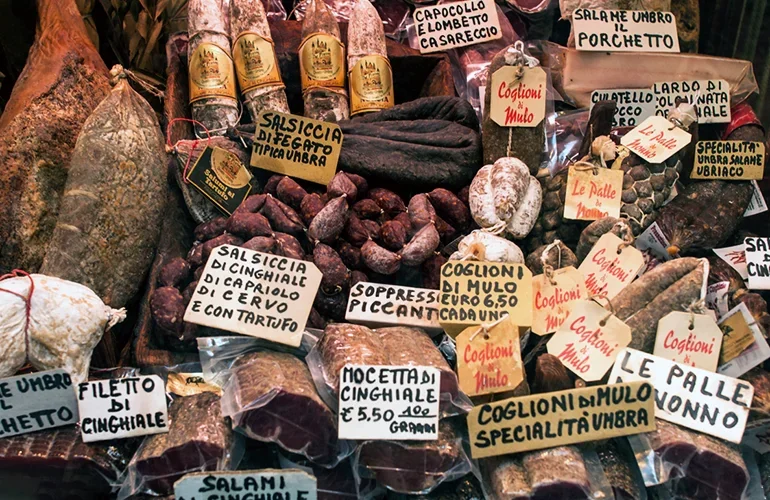 Salumi, sasiccia, prosciutto, all types of cured meat in Orvieto market, in Umbria, Italia