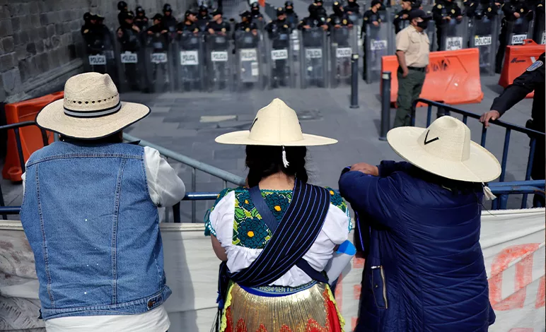Members of the Purépecha indigenous community of Michoacàn protesting outside of the National Palace of Mexico to denounce the environmental devastation and water scarcity in their communities from avocado and berry farming. 