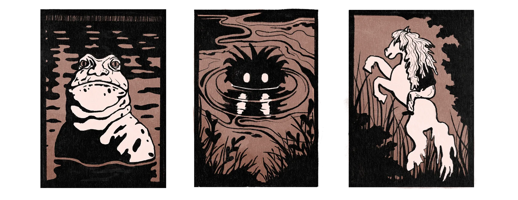 Tales of wetland spirits and demons are common in folklore. From left to right: The Vodyanoy of Slavic Europe is known to break dams and kidnap farmers when angered; Näkki, a Nordic shape-shifting water spirit capturing those who lean too far over the wate