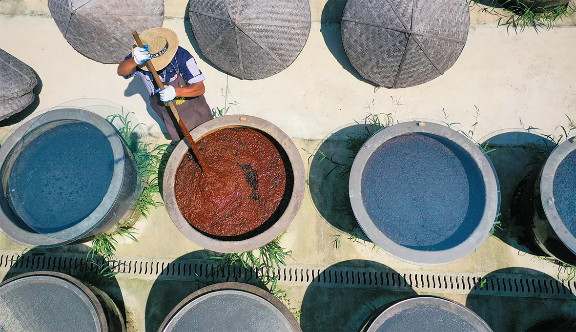 Aerial view of workers stirring soy sauce in the traditional jars at a drying yard on July 21, 2024 in Rugao, Nantong City, Jiangsu Province of China. (Photo by Xu Hui/VCG via Getty Images)