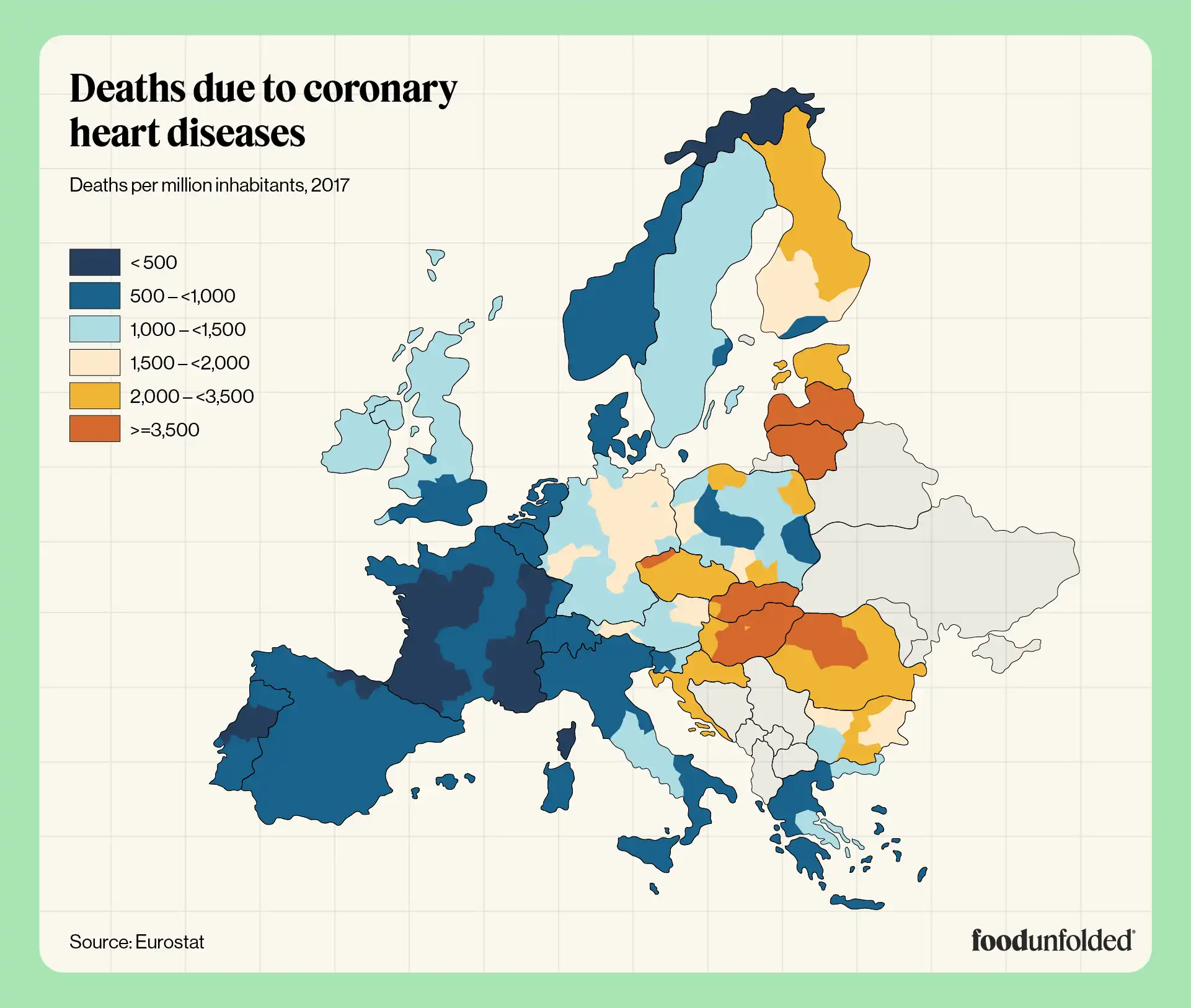 Map of Europe showing prevalence of deaths due to coronary heart disease