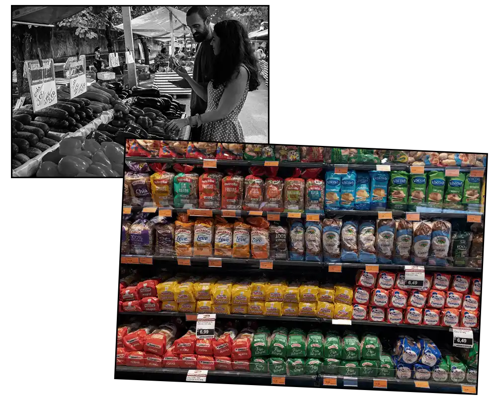 Image of fruit and veg stall being replaced with processed foods 