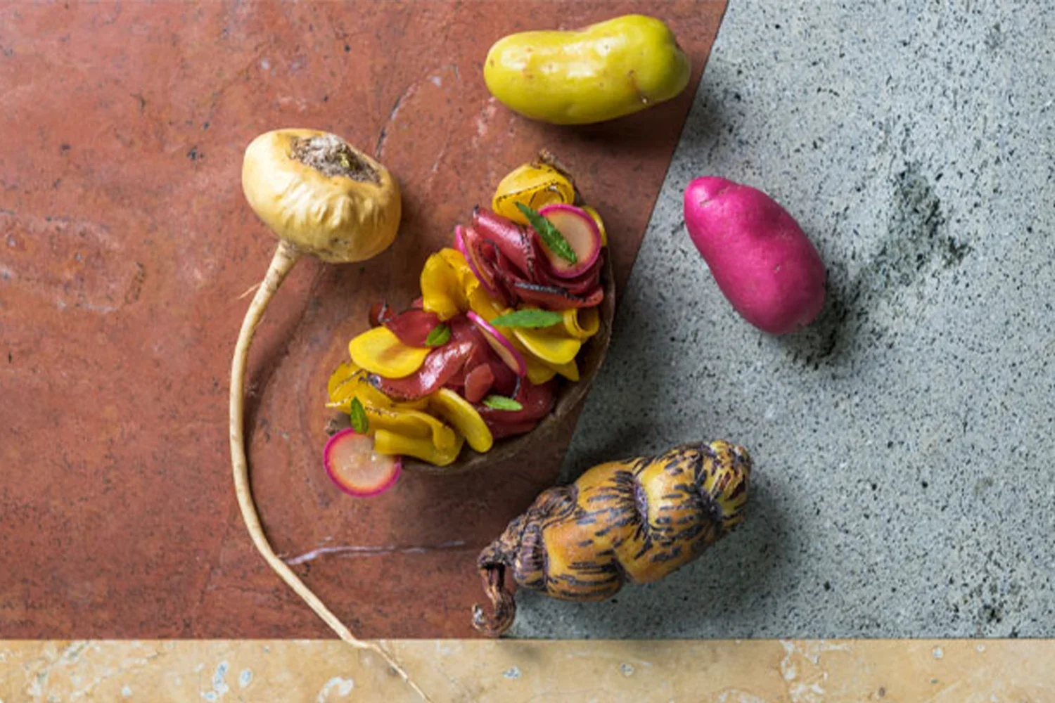 León's dish of Peruvian tubers. Photos via Central and 50 Best.