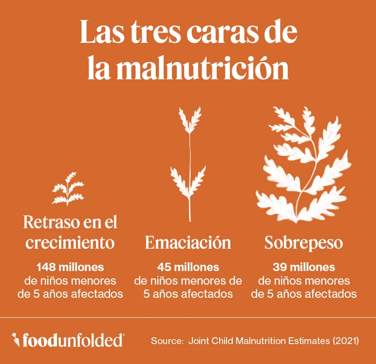 La malnutrición se puede manifestar de muchas formas, incluyendo tener retraso en el crecimiento, emaciación y sobrepeso o bajo peso. 
