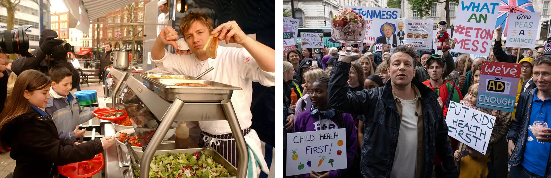 Jamie Oliver protesting for better school dinners in the UK